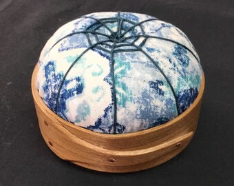 Handcrafted Shaker Tomato Pincushion - Cherry - denim blue, aqua, cream,Handstitched Spiderwork