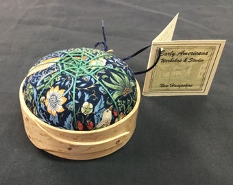 Handcrafted Shaker Tomato Pincushion -Birds Eye Maple-  Wm. Morris fabric ,handstitched Spiderwork