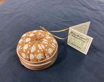 Handcrafted Shaker Tomato Pincushion - Cherry -cinnamon and cream print- Handstitched Spiderwork