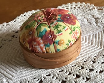 Handcrafted Shaker Tomato Pincushion - Cherry - Vintage floral- Handstitched Spiderwork