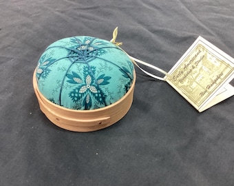 Handcrafted Shaker Tomato Pincushion - Cherry -teal  floral- Handstitched Spiderwork