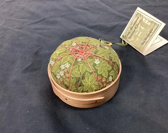 Handcrafted Shaker Tomato Pincushion - Cherry -green and coral berry print- Handstitched Spiderwork