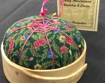 Handcrafted Shaker Tomato Pincushion -Birds Eye Maple-  green, pink handstitched Spiderwork