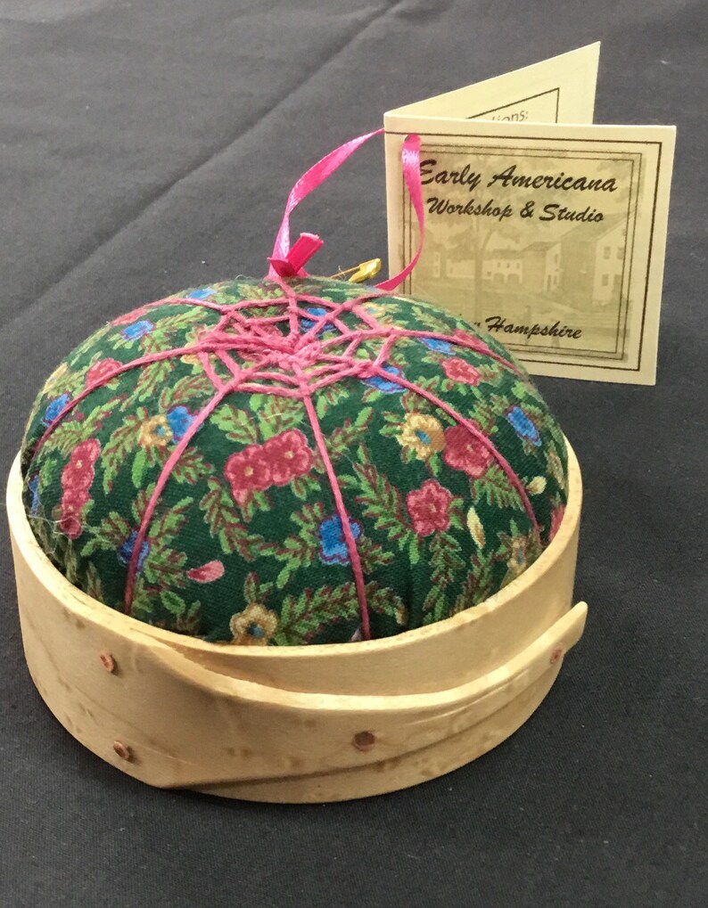 Handcrafted Shaker Tomato Pincushion Birds Eye Maple green, pink handstitched Spiderwork image 1