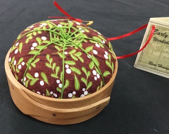 Handcrafted Shaker Tomato Pincushion - Cherry - Deep red, green and white berry print. Handstitched Spiderwork