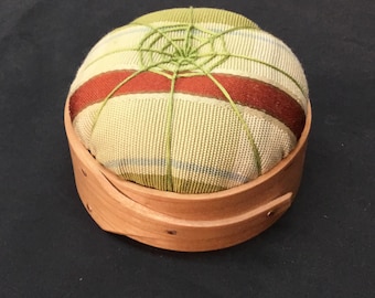 Handcrafted Shaker Tomato Pincushion - Cherry - Plaid Fabric- Handstitched Spiderwork