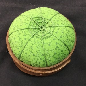 Handcrafted Shaker Tomato Pincushion - Black walnut- Green vine textile, Handstitched Spiderwork