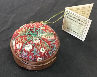 Handcrafted Shaker Tomato Pincushion - Black Walnut- Wm. Morris Strawberry Thief mini in red Handstitched Spiderwork