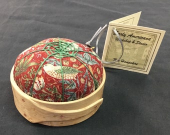 Handcrafted Shaker Tomato Pincushion -Birds Eye Maple-  Wm. Morris fabric ,handstitched Spiderwork