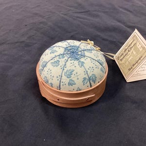 Handcrafted Shaker Tomato Pincushion - Cherry -blue and cream leaf print- Handstitched Spiderwork