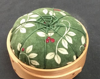 Handcrafted Shaker Tomato Pincushion - Cherry -  Green, cream and red. Handstitched Spiderwork