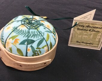 Handcrafted Shaker Tomato Pincushion -Birds Eye Maple- charming aqua and teal floral,Handstitched Spiderwork