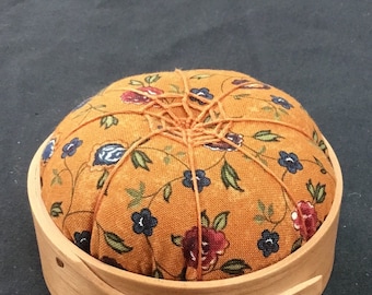 Handcrafted Shaker Tomato Pincushion - Cherry -  Vintage floral, Handstitched Spiderwork