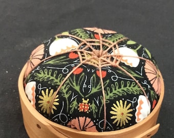 Handcrafted Shaker Tomato Pincushion - Cherry -  Charming peach, green and black, Handstitched Spiderwork