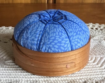 Handcrafted Shaker Tomato Pincushion - Cherry - Blue- Handstitched Spiderwork