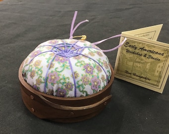 Handcrafted Shaker Tomato Pincushion - Black Walnut- Lavender, aqua and green floral,Handstitched Spiderwork