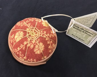 Handcrafted Shaker Tomato Pincushion - Cherry - Brick orange and cream reproduction Williamsburg print- Handstitched Spiderwork