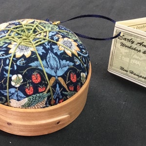 Handcrafted Shaker Tomato Pincushion Cherry Wm. Morris Strawberry Thief, navy mini, Handstitched Spiderwork image 1