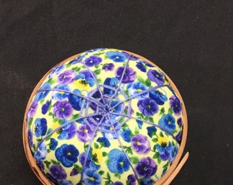 Handcrafted Shaker Tomato Pincushion - Cherry -  Yellow, purple and blue pansy, Handstitched Spiderwork