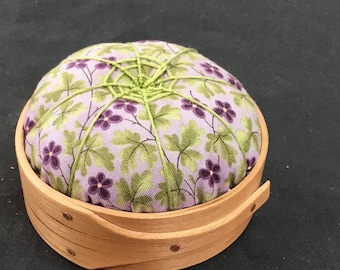 Handcrafted Shaker Tomato Pincushion - Cherry -  Purple, lavender green floral, Handstitched Spiderwork