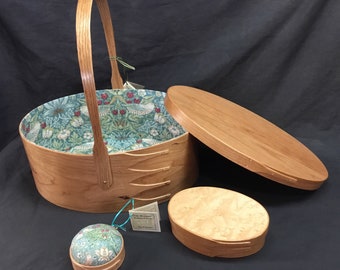 Handcrafted Shaker #8 Large cherry Sewing Box with swing handle, designer fabric. Six color options.
