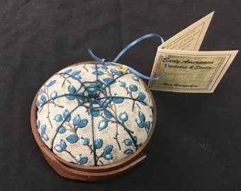 Handcrafted Shaker Tomato Pincushion - Black Walnut- Blueberry design,Handstitched Spiderwork