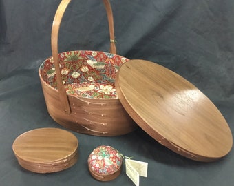 Handcrafted Shaker #8 Large Black Walnut Sewing Box with swing handle, Wm Morris Fabric, choice of colors.