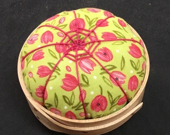 Handcrafted Shaker Tomato Pincushion -Birds Eye Maple-  green and pink tulip ,handstitched Spiderwork