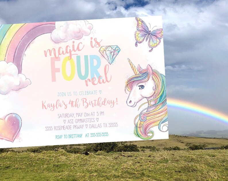 EDITABLE PRINTABLE Magic is FOUR Real Invitation Fourth Birthday Unicorn Birthday Invitation Four Ever Birthday Invite