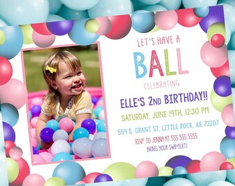 EDITABLE PRINTABLE Rainbow Ball Party Invitation With PHOTO (5 x 7), Editable Pink Ball Party Invitation, Girl's Ball Theme Party Invite