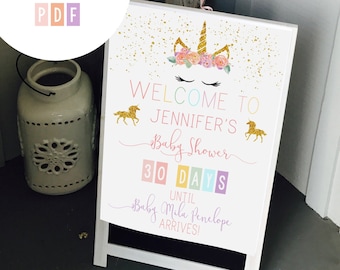 EDITABLE PRINTABLE Unicorn Baby Shower Welcome Sign (16 x 20), Unicorn Baby Shower Countdown Sign, Unicorn Shower Printable Welcome Sign