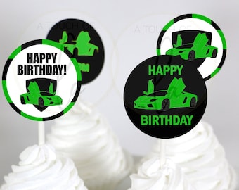 PRINTABLE Green & Black Supercar Party Cupcake Toppers, Printable Green Luxury Sport Car Cupcake Toppers, Green Car Birthday Cupcake Toppers