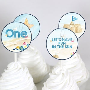 PRINTABLE Beach Themed 1st Birthday Party Cupcake Toppers, Beach First Birthday Cupcake Toppers, Sea 1st Birthday Party Cupcake Toppers
