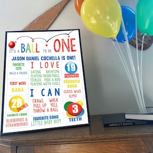 Póster editable e imprimible de It's A Ball To Be One Milestone (16 x 20), póster personalizado con los favoritos del primer cumpleaños para la fiesta de pelotas saltarinas
