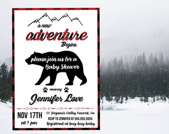 EDITABLE PRINTABLE Buffalo Plaid Bear Baby Shower Invitation (5 x 7), Bear Baby Shower Invitation, Adventure Baby Shower Invitation