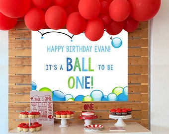 EDITABLE PRINTABLE "It's A Ball To Be One" Blue & Green Ball 1st Birthday Poster  36"x 48", Let's Have a Ball Party Backdrop 1st Birthday