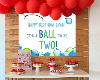 EDITABLE PRINTABLE "It's A Ball to Be TWO" Blue & Green Birthday Poster  36"x 48", Let's Have A Ball Backdrop For 2-Year-Old Birthday Party