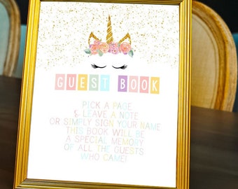 PRINTABLE Unicorn Party Guest Book Sign (8 x 10), Unicorn Birthday Party Guest Book Sign, Unicorn Baby Shower Guest Book Sign