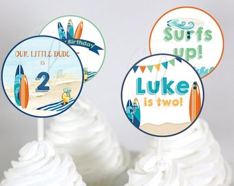 EDITABLE PRINTABLE Surf Party Cupcake Toppers, Surfer Birthday Cupcake Toppers, Surfer Party Cupcake Toppers, Surf Cupcake Toppers