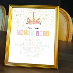 PRINTABLE Unicorn Party Guest Book Sign (8 x 10), Unicorn Birthday Party Guest Book Sign, Unicorn Baby Shower Guest Book Sign