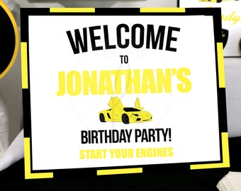 EDITABLE PRINTABLE Yellow Supercar Party Welcome Sign (8 x 10), DIGITAL Personalized Yellow Luxury Sports Car Birthday Party Welcome Sign