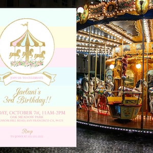 EDITABLE PRINTABLE Pastel Carousel Party Invitation (5 x 7), Editable Digital Pink Carousel Invitation, Pink Merry-Go-Round Invitation