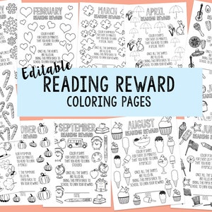 EDITABLE PRINTABLE Teacher Reading Reward Coloring Pages for Every Month Reading Log Pages for Students 12 Month Reading Reward for Teachers