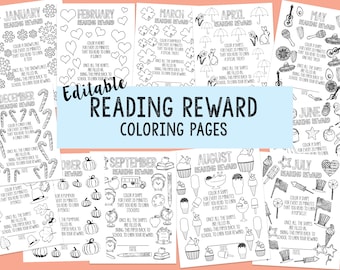 EDITABLE PRINTABLE Teacher Reading Reward Coloring Pages for Every Month Reading Log Pages for Students 12 Month Reading Reward for Teachers