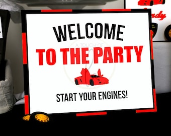 PRINTABLE Red and Black Supercar Party Welcome Sign (8 x 10),  DIGITAL Red Super Car Party Sign, Print Red Car Happy Birthday Welcome Sign