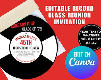 EDITABLE PRINTABLE High School Reunion Record Invitation (6 x 6), Record Invitation, Class Reunion Invitations, HS Reunion Record Invite