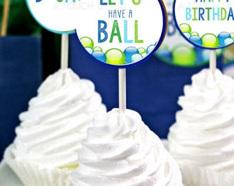 PRINTABLE Blue and Green "Let's Have A Ball" Party Cupcake Toppers, Ball Birthday Party Cupcake Toppers, It's a Ball Cupcake Toppers