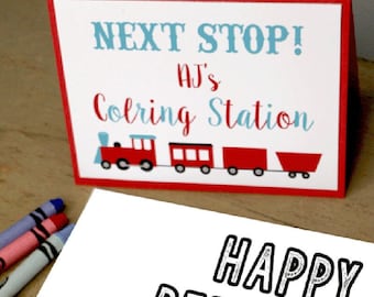 EDITABLE PRINTABLE Train Party Coloring Sign, Editable Digital Train Party Coloring Sign, Red & Blue Train Party Coloring Sign