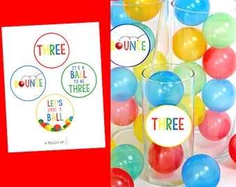 PRINTABLE "It's a Ball to be THREE" Multicolored Ball Party Small Circles, Multicolored Ball Theme Birthday Party, 3rd Birthday Ball Party