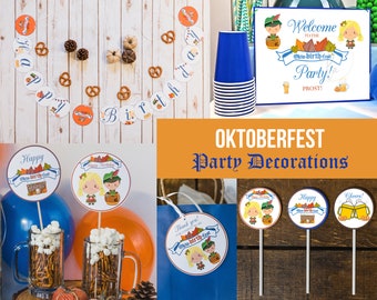 May include: A collection of Oktoberfest-themed party decorations including a circular banner with the text Happy Birthday, a welcome sign reading Welcome to the Okto-birth-fest Party! PROST!, cupcake toppers, and gift tags featuring cartoon characters.